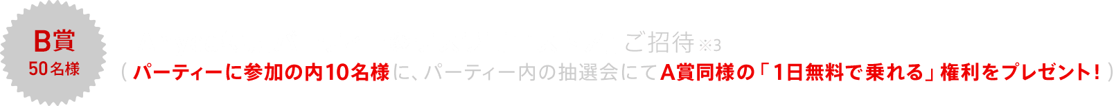 B賞50名様 「Anyca特別パーティー＠テスラ青山ストア」ご招待※3 (パーティーに参加の内10名様に、パーティー内の抽選会にてA賞同様の「1日無料で乗れる」権利をプレゼント！)